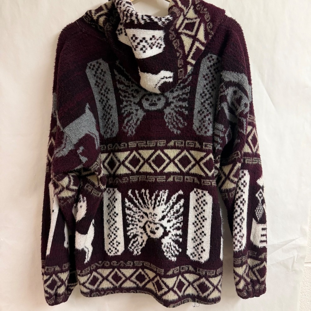 Tejidos Rumiñahui VTG Alpaca Wool Llama Geo Hooded Cardigan Burgundy Sweater L